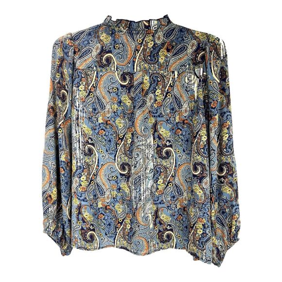 Sunny Leigh Blue Print Peasant Top Sz LARGE Tie Neck Ruffle Collar Puff Sleeves - Picture 3 of 7